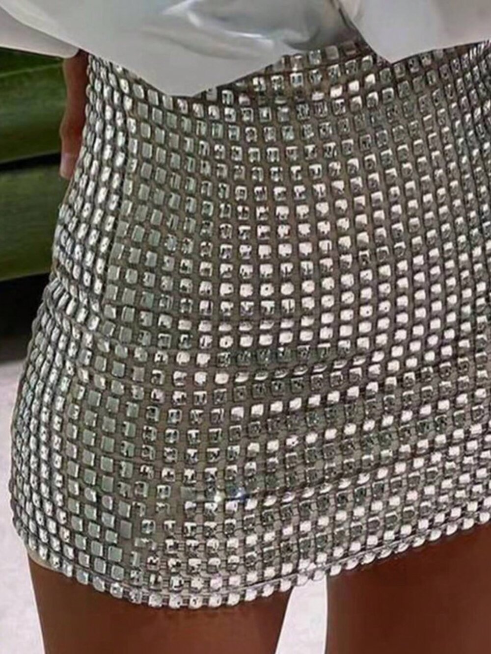 Silver Casual Elegant Women's Sequin Mesh Slim-Cut Bodycon Midi Skirt